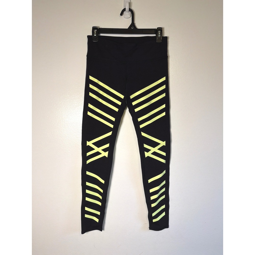 Alo Yoga Women Airbrush Glow Black Neon Yellow Geometric Stripe Leggings Size S